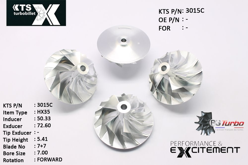 Turbo ROUE FORGÉE MFS PERFORMANCE - 7+7 PALES - INDUCER : 50,33 - EXDUCER : 72,6 - TYPE : HX35ANGLE : 45° - ROTATION : Forward - SUPER BACK : 4,95 - BORE SIZE : 7
